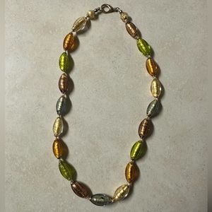 Foiled China Glass Beads Lampworked Green Brown Orange Gold Blue Necklace